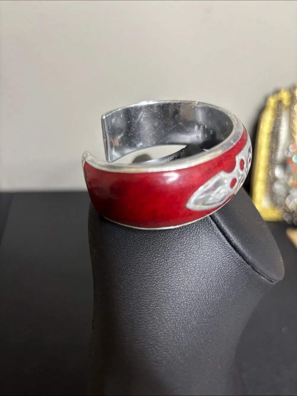 Handcrafted Red Leather Silver Tone Bangle Cuff Bracelet - Women Jewelry